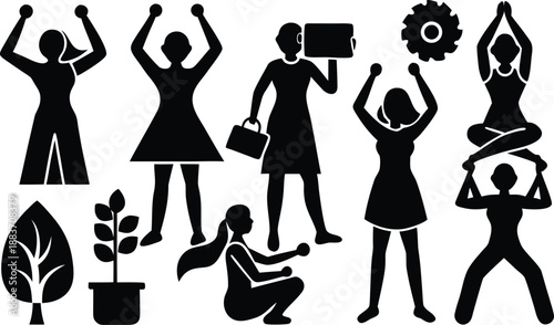 Diverse group of women in various activities and poses