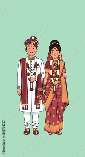 Illustration of a traditionally dressed Indian bride and groom.