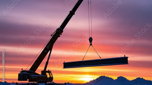 Construction Crane at Sunset in Industrial Landscape with Heavy Load