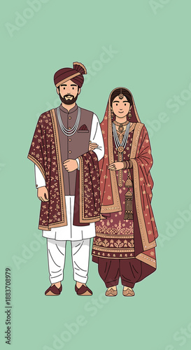 Illustration of a South Asian couple in traditional wedding attire, featuring intricate patterns and cultural garments.