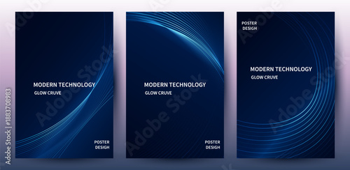 Abstract Blue Curve Technology Poster and Cover Template Set with Glowing Lines