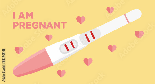Positive pregnancy test stick showing two clear red lines indicating imminent motherhood success on white background