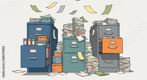 Overwhelmed office worker facing enormous stacks of disorganized paperwork piled high on filing cabinets on white background