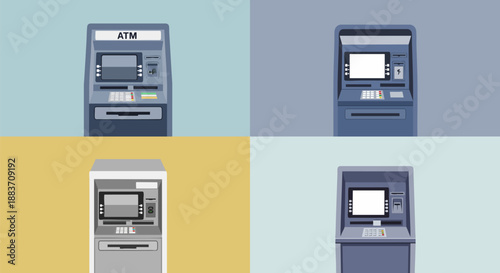 Four different styles of automated teller machine designs displayed together for comparison on white background