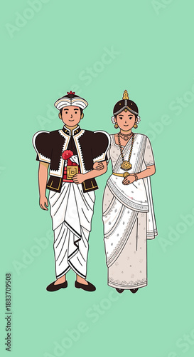 Illustration of a Sri Lankan couple in traditional Kandyan attire, holding hands, and smiling.