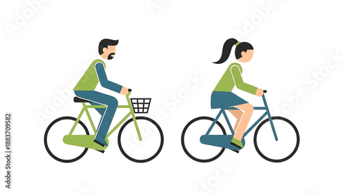 Two people, a man and a woman, riding bicycles in a side-view illustration, representing outdoor activity and healthy lifestyle