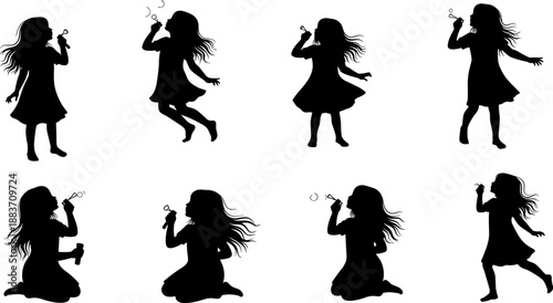 Child blowing soap bubbles silhouette set showing playful girl poses, joyful childhood activity, fun outdoor play moments, black and white vector illustration collection