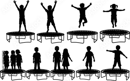 Children jumping on trampoline silhouette set vector illustration showing playful kids activity, outdoor fun, childhood energy and recreation isolated on white background