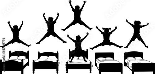Children jumping on beds silhouette illustration showing playful kids having fun, bedtime energy, childhood activity, family lifestyle concept, black vector isolated on white background