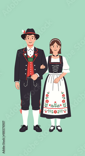 Couple in traditional German clothing standing together, arm in arm.