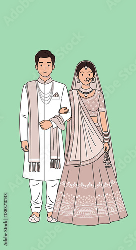 Illustration of an Indian bride and groom in traditional wedding attire standing together.