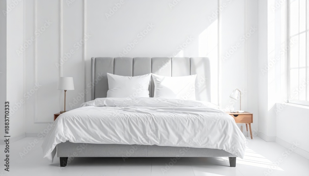 Fototapeta premium Minimalist white bedroom interior with cozy bed and morning sunlight