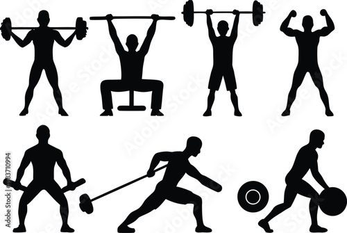 Fitness silhouettes demonstrating various weightlifting exercises