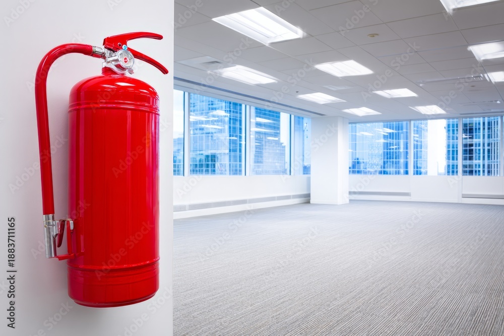 Obraz premium Red Fire Extinguisher Mounted on Wall in Quiet Corridor of Modern Office Space
