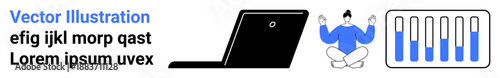 Laptop for work setup, person in meditation pose for balance, and bar chart for data analysis. Ideal for focus, productivity, wellness, analytics, growth, technology simple landing page