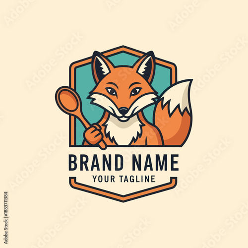 Cartoon Fox Holding Spoon Logo Design.