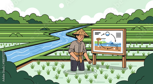 Asian farmer standing in rice field with educational board