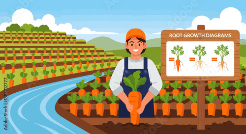 Farmer holding carrot plant in garden with root growth diagram