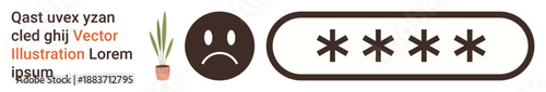 Online security, data privacy, password protection, emotional response, digital safety, user awareness. Sad face icon, asterisks a password. Online security and data privacy visualization