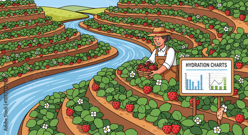 Man harvesting strawberries on a farm with hydration charts