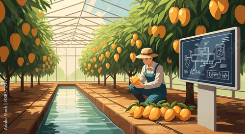 Man inspecting oranges in a high-tech greenhouse facility