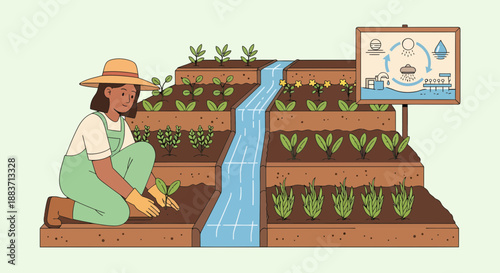 Woman gardening in a sustainable permaculture system