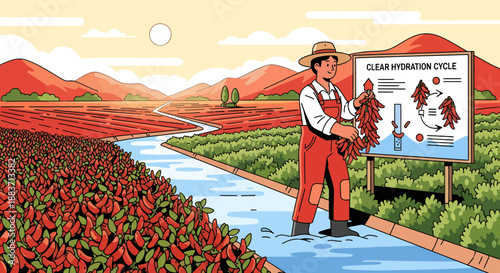 Agricultural worker inspecting irrigation system in a colorful field