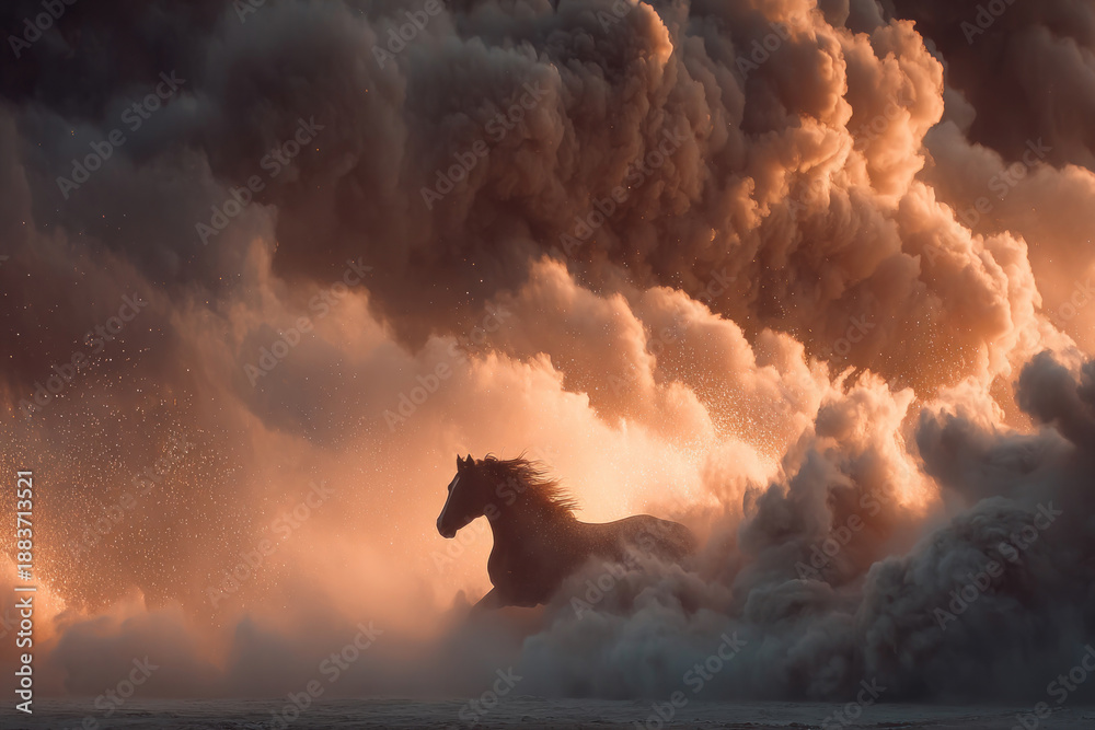 Fototapeta premium A dramatic artistic scene featuring the silhouette of a running horse, bursting out of thick clouds of dust and smoke. 