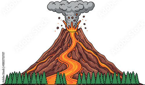 Vector illustration of an active erupting volcano with flowing lava and smoke clouds surrounded by green pine trees.