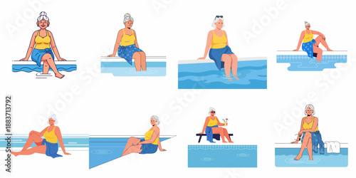 Cheerful senior woman relaxing by the swimming pool edge, dipping feet in water, enjoying summer vacation and retirement leisure moments set.