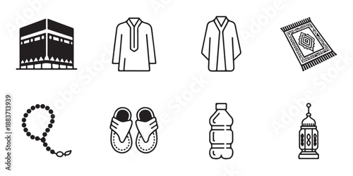 Islamic icons for Hajj and Umrah pilgrimage including Kaaba and prayer items