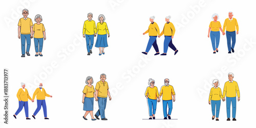 Collection of vector illustrations featuring happy elderly couples holding hands, demonstrating love, companionship, and active senior lifestyle against a white background.