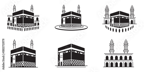 Kaaba icons set for hajj and umrah pilgrimage six detailed illustrations of the black cubic structure