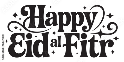 Happy eid al fitr lettering typography with star decoration stylish design black and white