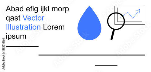 Data analytics, business growth, visual , statistics, research, digital marketing. Blue water droplet, a magnifying glass and a chart with an upward trend. Data analytics and business growth concept