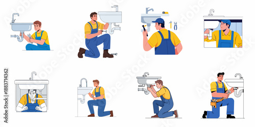 Professional Plumber Service Illustrations Set: Technician Workers in Overalls Repairing and Installing Bathroom or Kitchen Sinks, Faucets, and Pipe Systems.