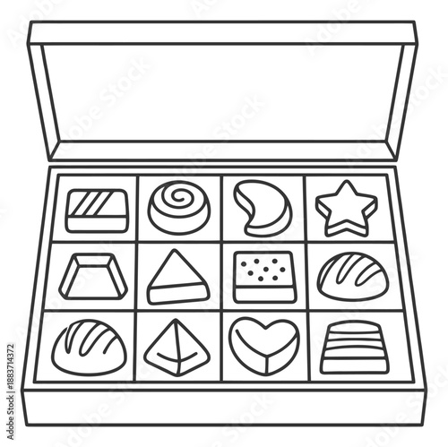 Line art chocolate set featuring assorted bonbons and pralines for sweet gifts