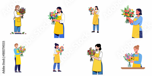 Collection of female florists in yellow aprons arranging and holding vibrant flower bouquets, symbolizing floral business, service, and horticulture.