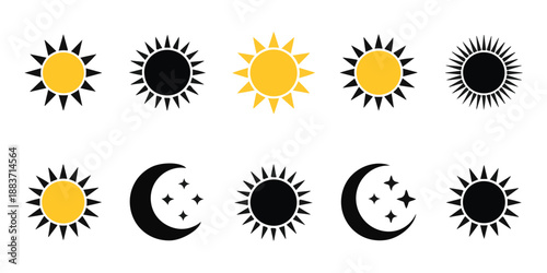 Sun and moon celestial icons set for weather forecasting and astronomical educational design materials