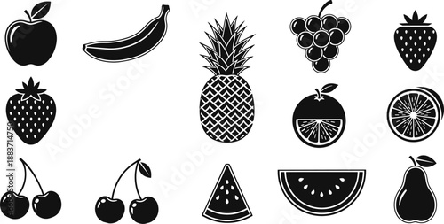 Collection of fresh fruit silhouettes including apple, banana, pineapple, grapes, strawberry, and pear slices, healthy food vector illustration icon set