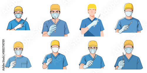 Collection of male surgeon avatars or icons in medical uniform with face masks and scalpels, ready for surgical procedures.