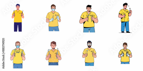 Set of 8 male dental professionals illustrations in yellow scrubs holding instruments like mirrors and probes, depicting healthcare and dentistry occupation avatars.