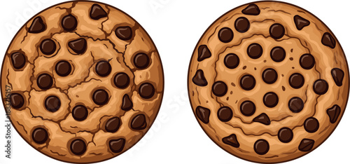 Vector illustration of two perfectly round chocolate chip cookies with golden brown dough isolated on white background.
