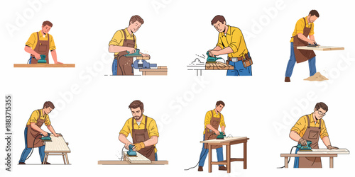 Eight vector illustrations of a male woodworker sanding various pieces of wood using an electric power tool, emphasizing woodworking, craftsmanship, and renovation tasks.