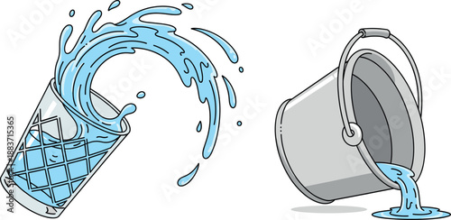 Vector illustration set featuring a crystal glass splashing water and a silver bucket pouring liquid for hydration designs