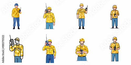 Set of eight vector illustrations featuring security or military personnel in yellow camouflage uniform and helmets holding walkie-talkies, symbolizing communication and command.