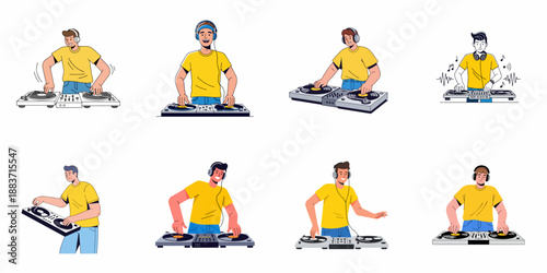 Картината върху платно Set of eight cartoon illustrations featuring young male DJs wearing headphones and mixing electronic music on professional decks