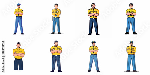 Set of eight diverse vector illustrations depicting serious security guards and police officers standing with arms crossed in yellow and blue uniform.