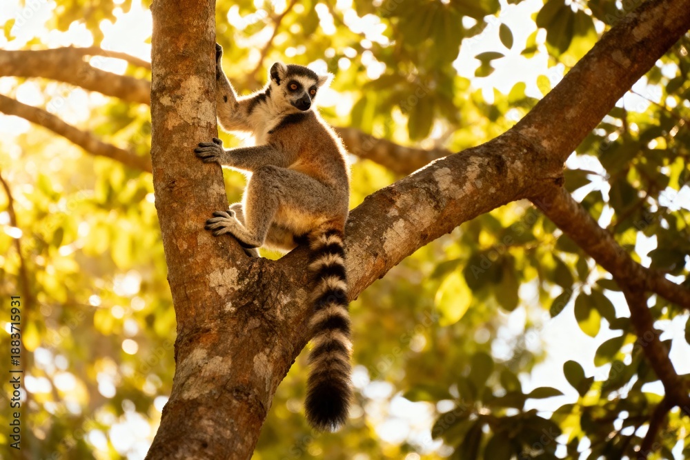Naklejka premium Ring-tailed lemur perched on a tree branch in a sunlit forest