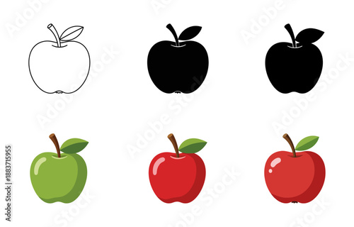 Simple Illustrations of Apples in Outline, Silhouette, and Full Color